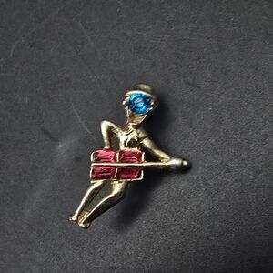 Rhinestone Guitar Player Brooch Pin Petite Gold Tone Vintage Music Gift
